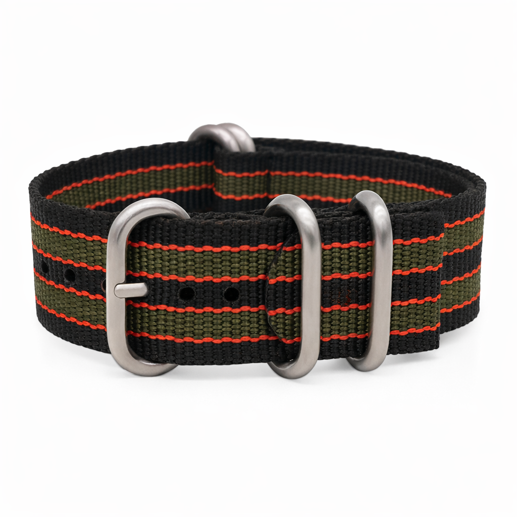 Bracelet Montre ZULU- James Bond Noir-Rouge-Vert - Boucle Satin - Homme - Raide et épais 2mm