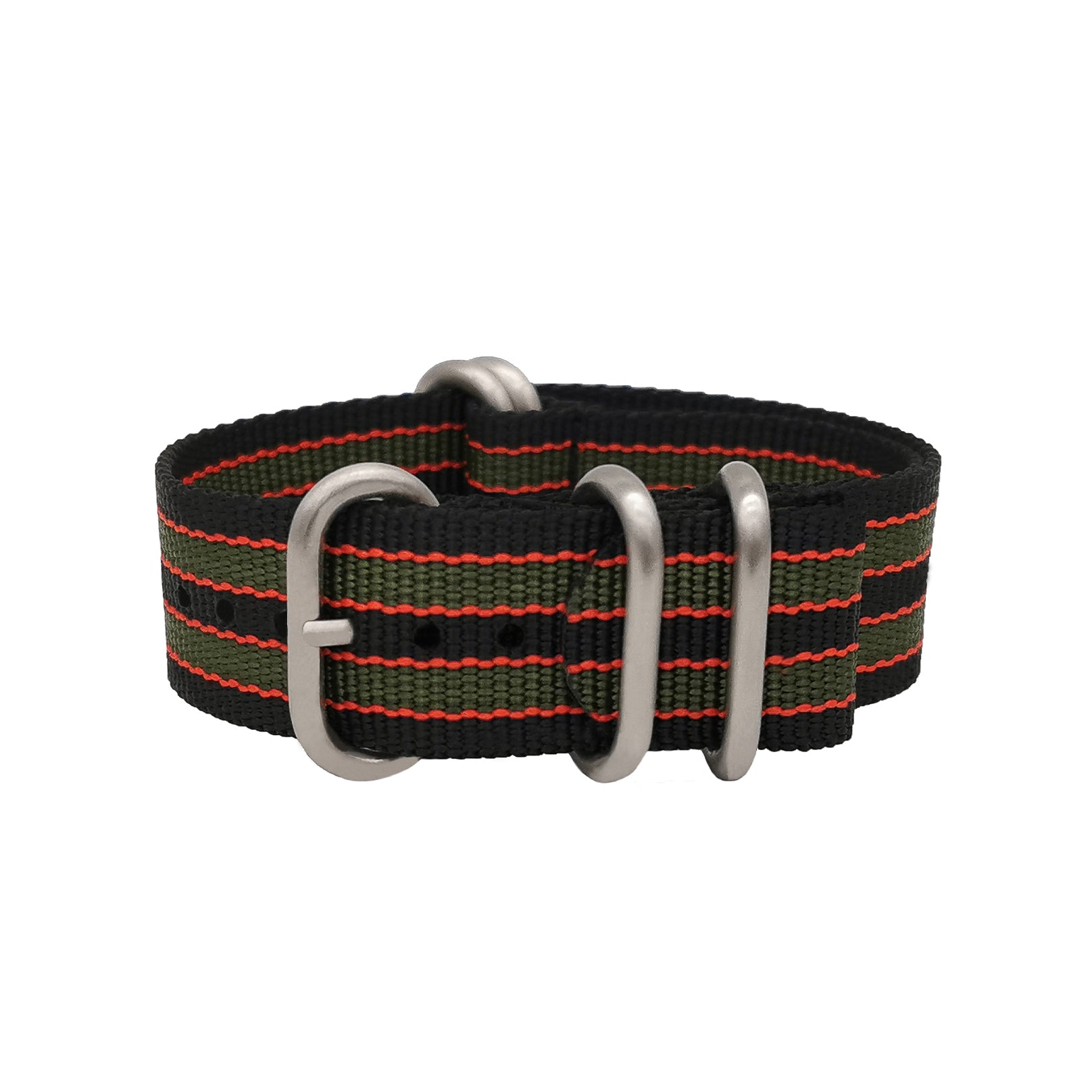 Bracelet de Montre ZULU Nato - James Bond Nylon -Noir-Rouge-Vert - Boucle Satin - Homme - Raide et épais 2mm