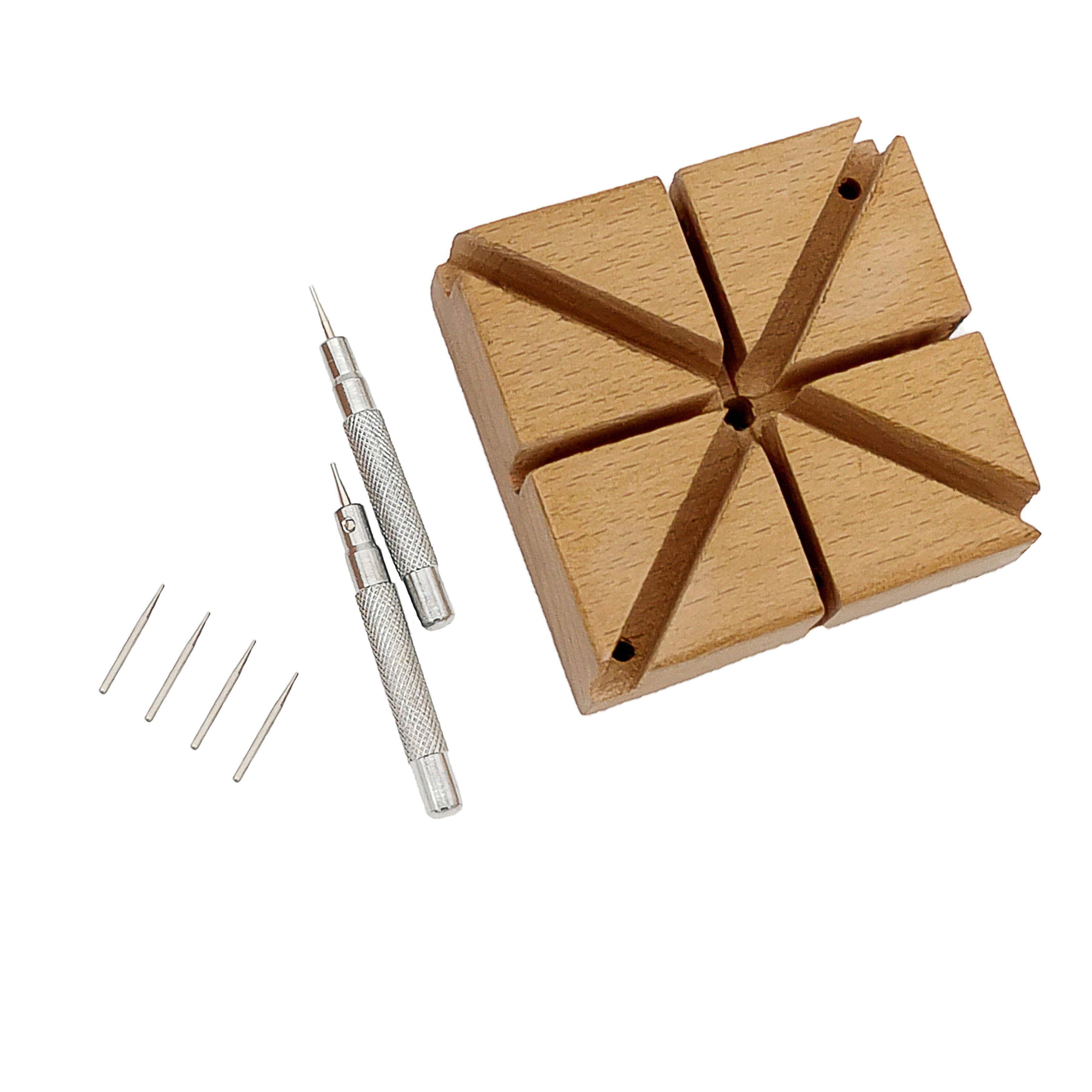 8-teiliges Werkzeugset zur Reparatur von Uhrenarmbändern aus Holz – Hammer – Halter