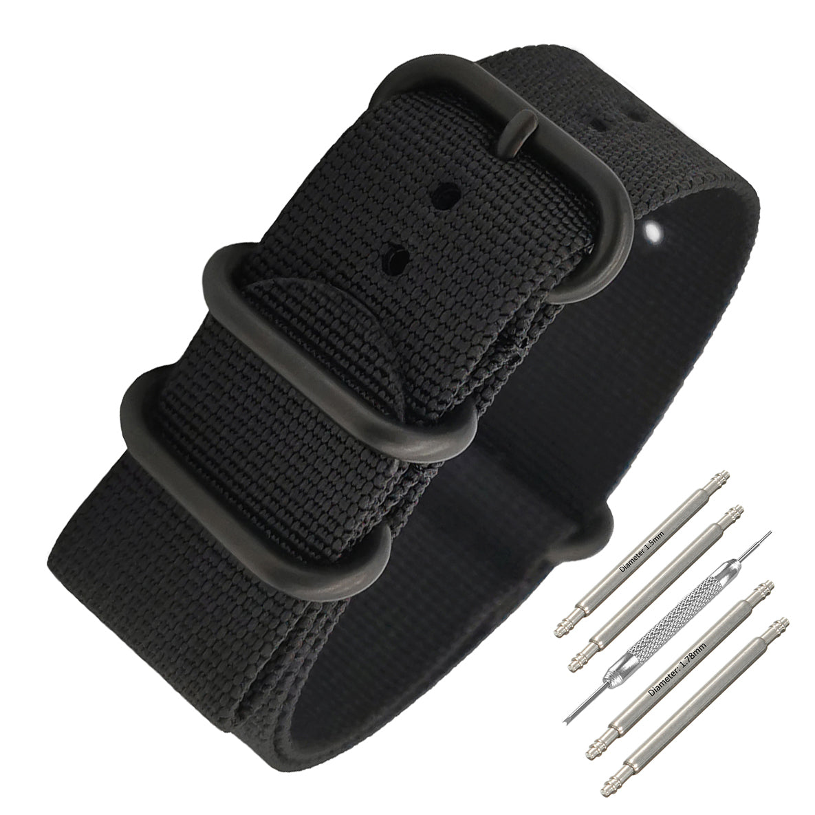 ZULU Nato-Armband 24 mm Nylon – Schwarz / Vollschwarz – Herren – Steifes und dickes Armband 2 mm