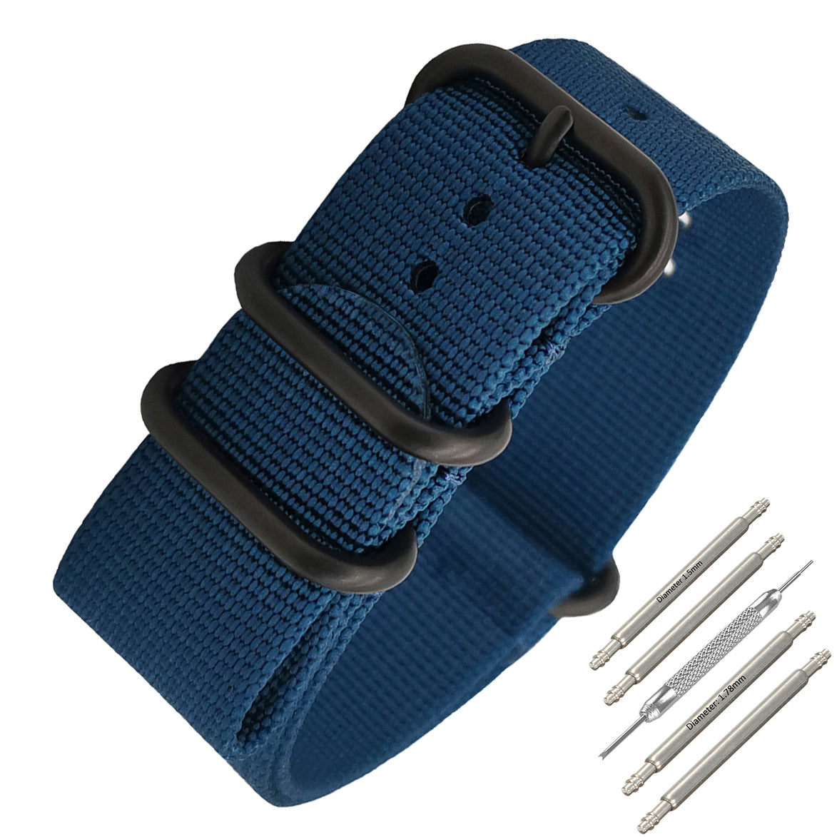 ZULU 24 mm Nylon-Nato-Armband – Blau/Schwarze Schnalle – Herren – 2 mm steifes und dickes Armband