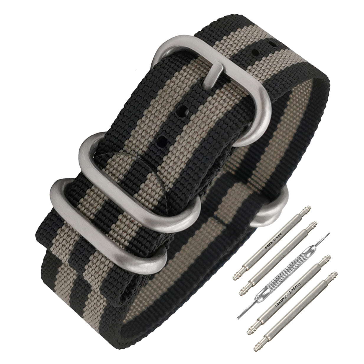 ZULU 22 mm Nylon-Nato-Armband – Schwarzgrau / Schwarze Schnalle – Herren – 2 mm dickes, steifes Armband