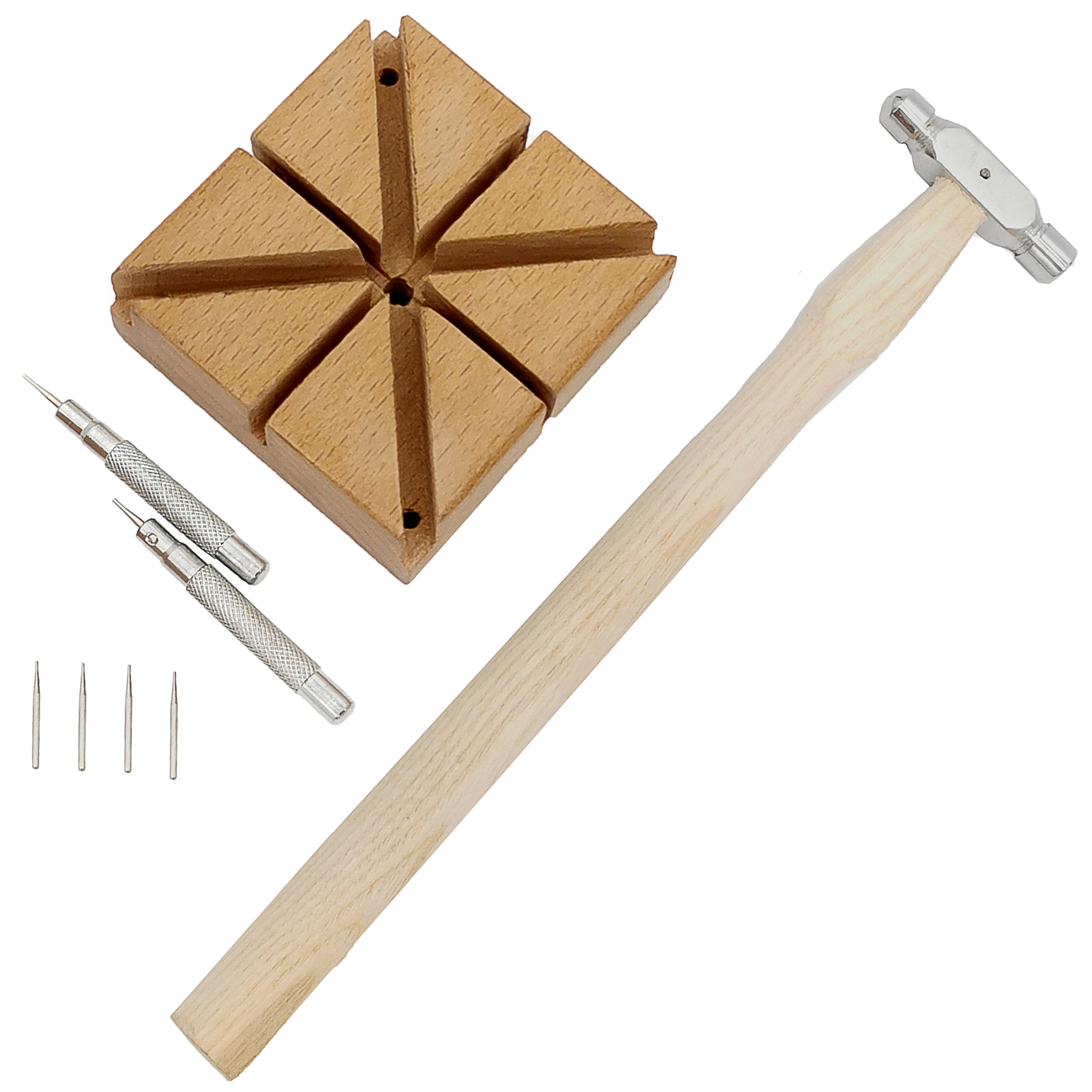 8-teiliges Werkzeugset zur Reparatur von Uhrenarmbändern aus Holz – Hammer – Halter
