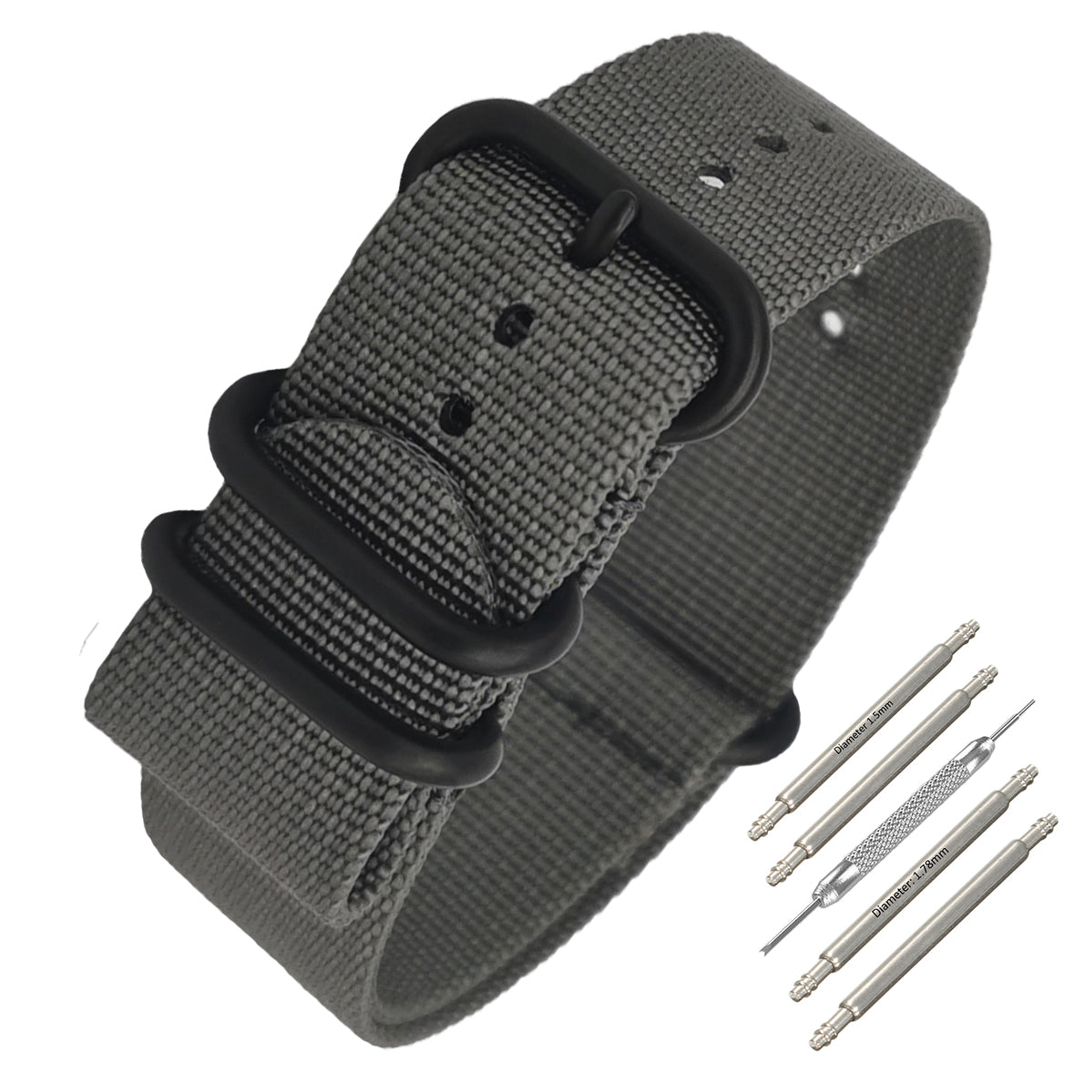ZULU 24 mm Nylon-Nato-Armband – Grau/Schwarze Schnalle – Herren – 2 mm dickes, steifes Armband